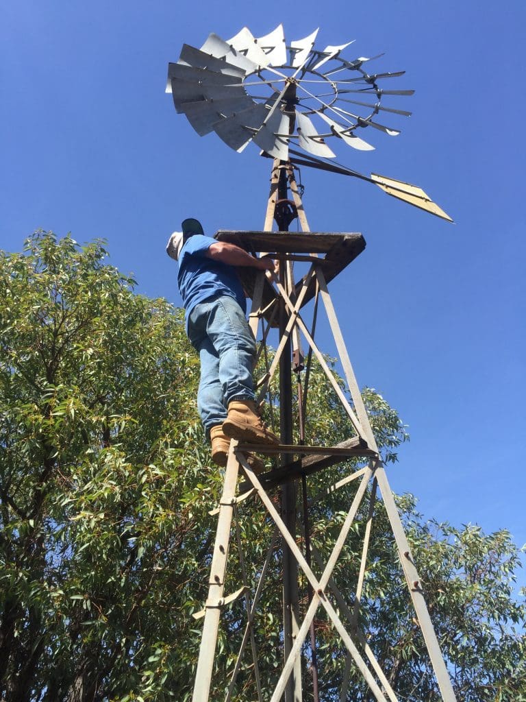 Steve Roland repairing a wind mill in Perth hills